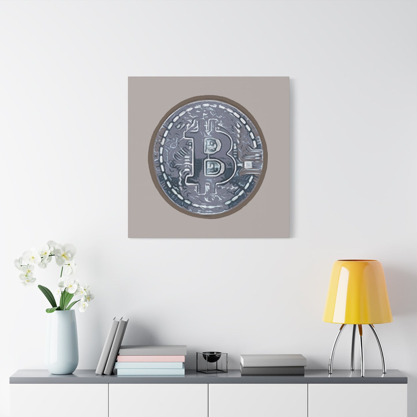 Hand Painted Bitcoin Blue on Brown Matte Canvas, Stretched, 1.25"