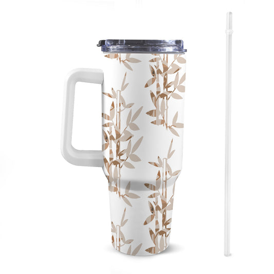 Calico Brown Bamboo Tumbler 40oz Tumbler with White Handle