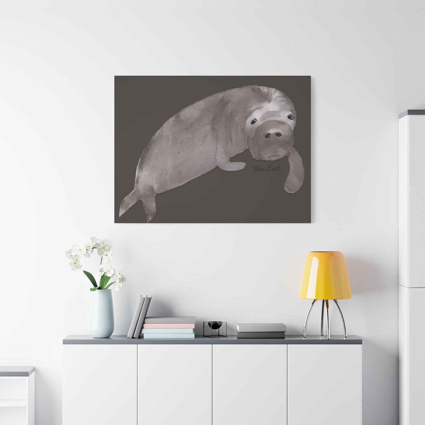 Sweet Hand Painted Manatee Signed Matte Canvas, Stretched, 1.25"