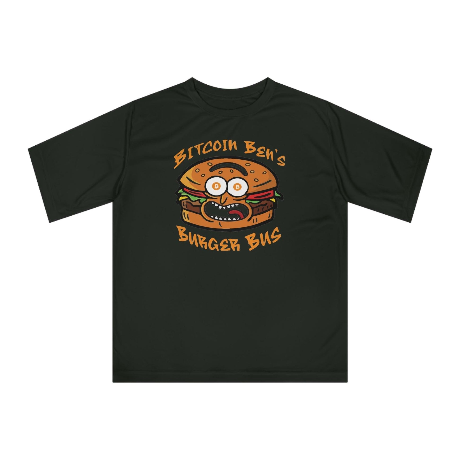 Miniaday Designs Bitcoin Ben Burger Bus Athletic Fit Unisex Zone Performance T-shirt - Miniaday Designs, LLC.