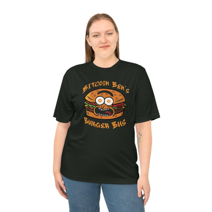 Miniaday Designs Bitcoin Ben Burger Bus Athletic Fit Unisex Zone Performance T-shirt - Miniaday Designs, LLC.