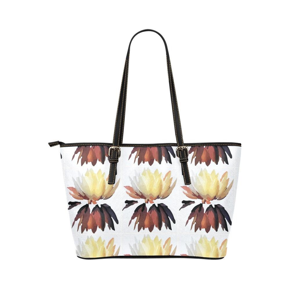 Brown Lotus Blossom Leather Tote Bag/Small (Model 1651) - Miniaday Designs, LLC.