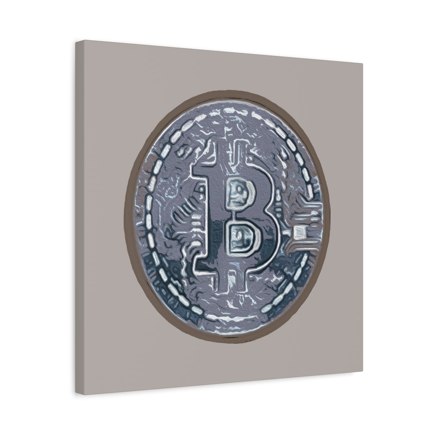 Hand Painted Bitcoin Blue on Brown Matte Canvas, Stretched, 1.25"