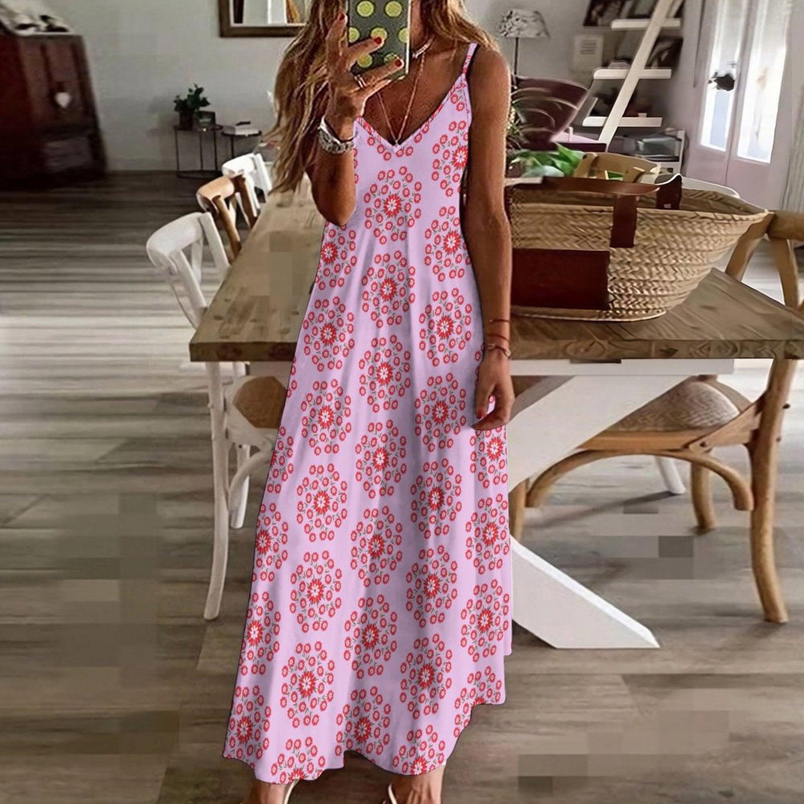 Miniaday Designs Bohemian Collection Spaghetti Strap Ankle-Length Dress Long Dress Pink - Miniaday Designs, LLC.