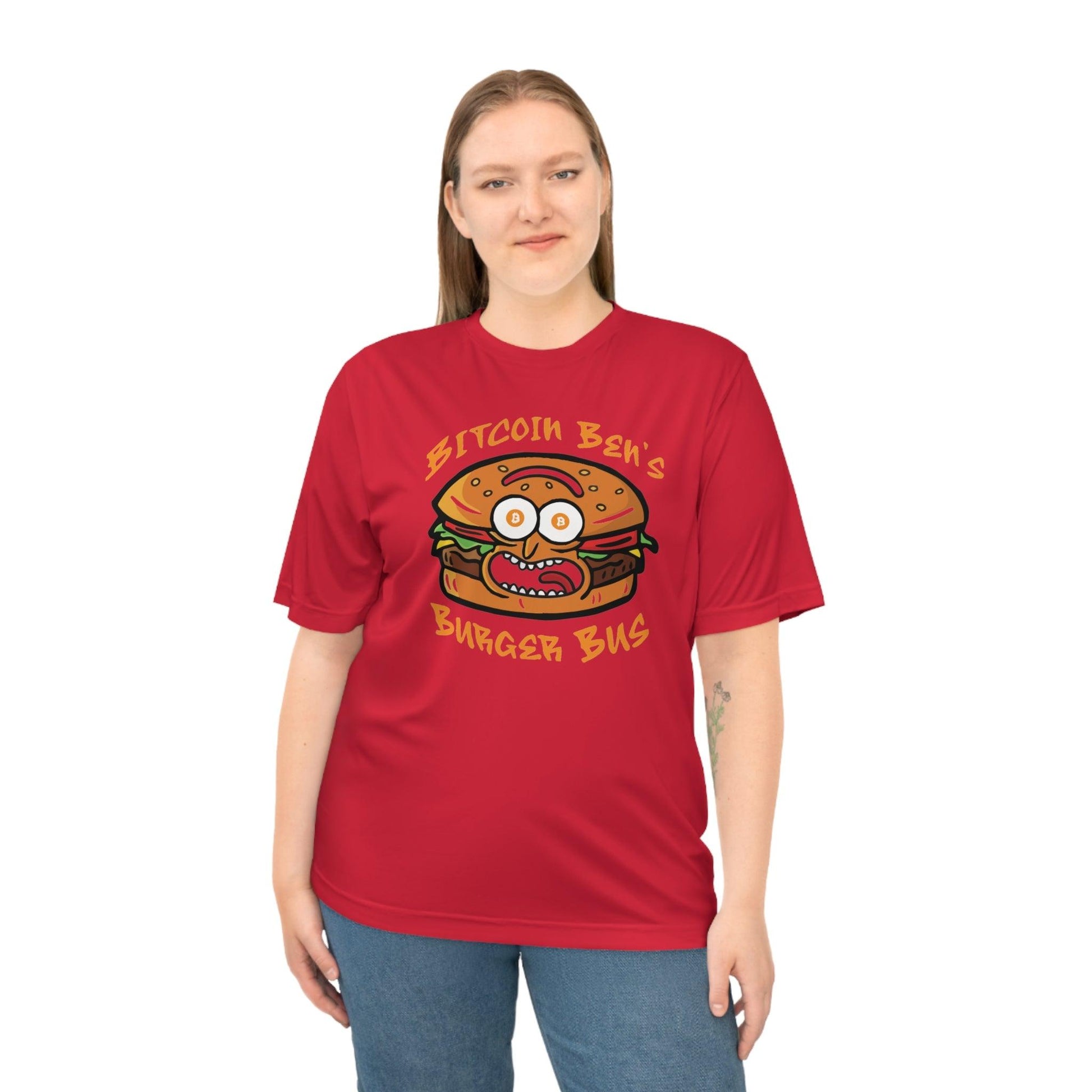 Miniaday Designs Bitcoin Ben Burger Bus Athletic Fit Unisex Zone Performance T-shirt - Miniaday Designs, LLC.