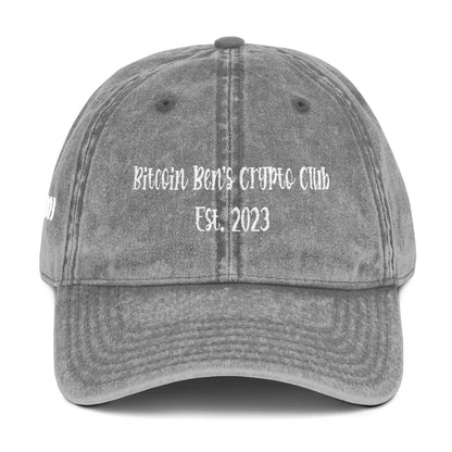 4.92" x 1.79" Length and Height Bitcoin Ben's Crypto Club Haystack Font 2 lines Vintage Cap (Embroidery)