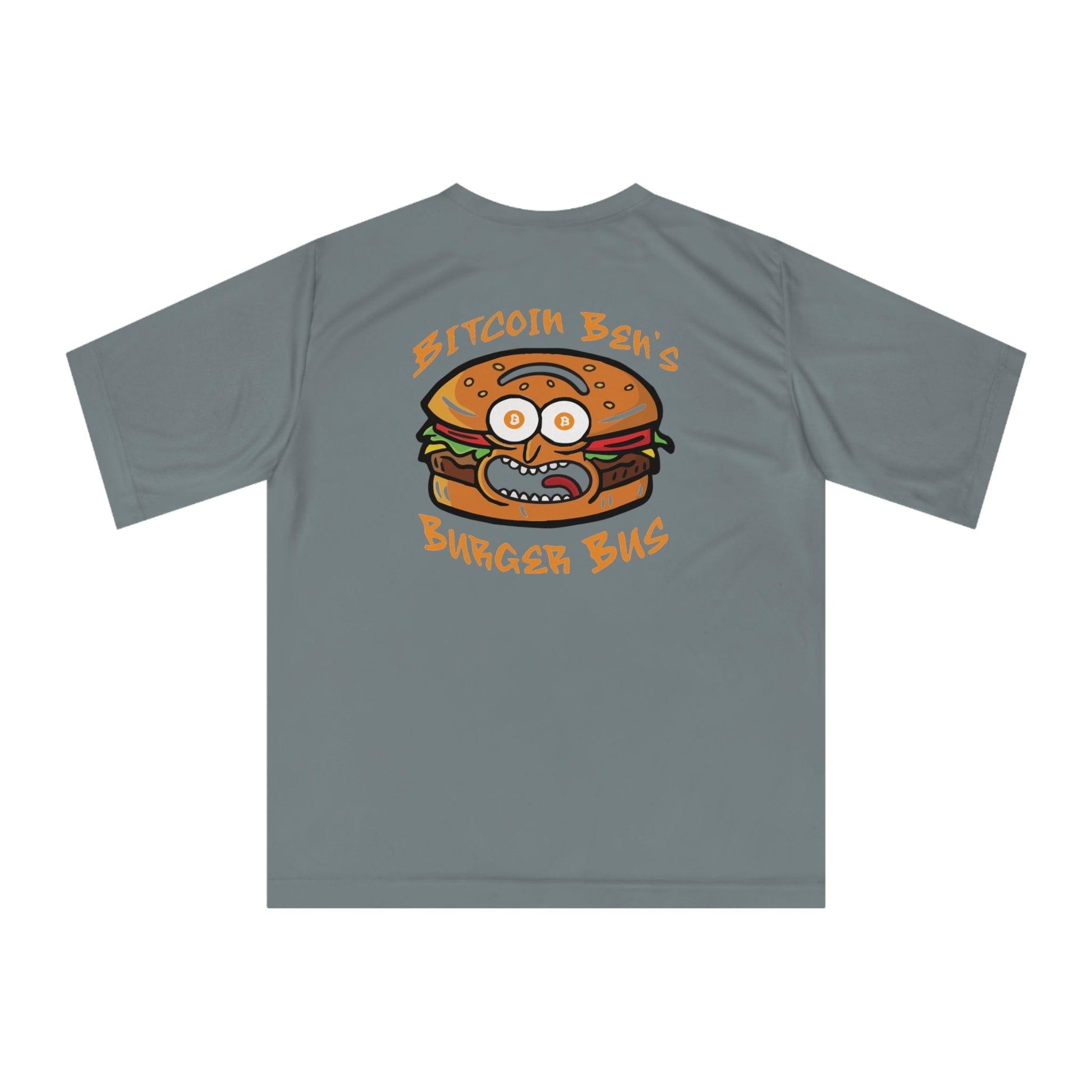 Miniaday Designs Bitcoin Ben Burger Bus Athletic Fit Unisex Zone Performance T-shirt - Miniaday Designs, LLC.