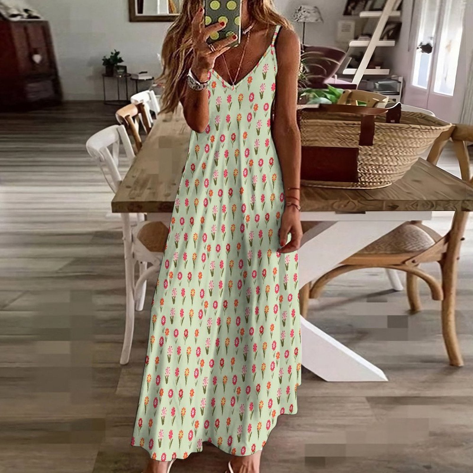 Miniaday Designs Desert Blossom Serenade" Spaghetti Strap Ankle-Length Dress Long Dress Pale Green - Miniaday Designs, LLC.
