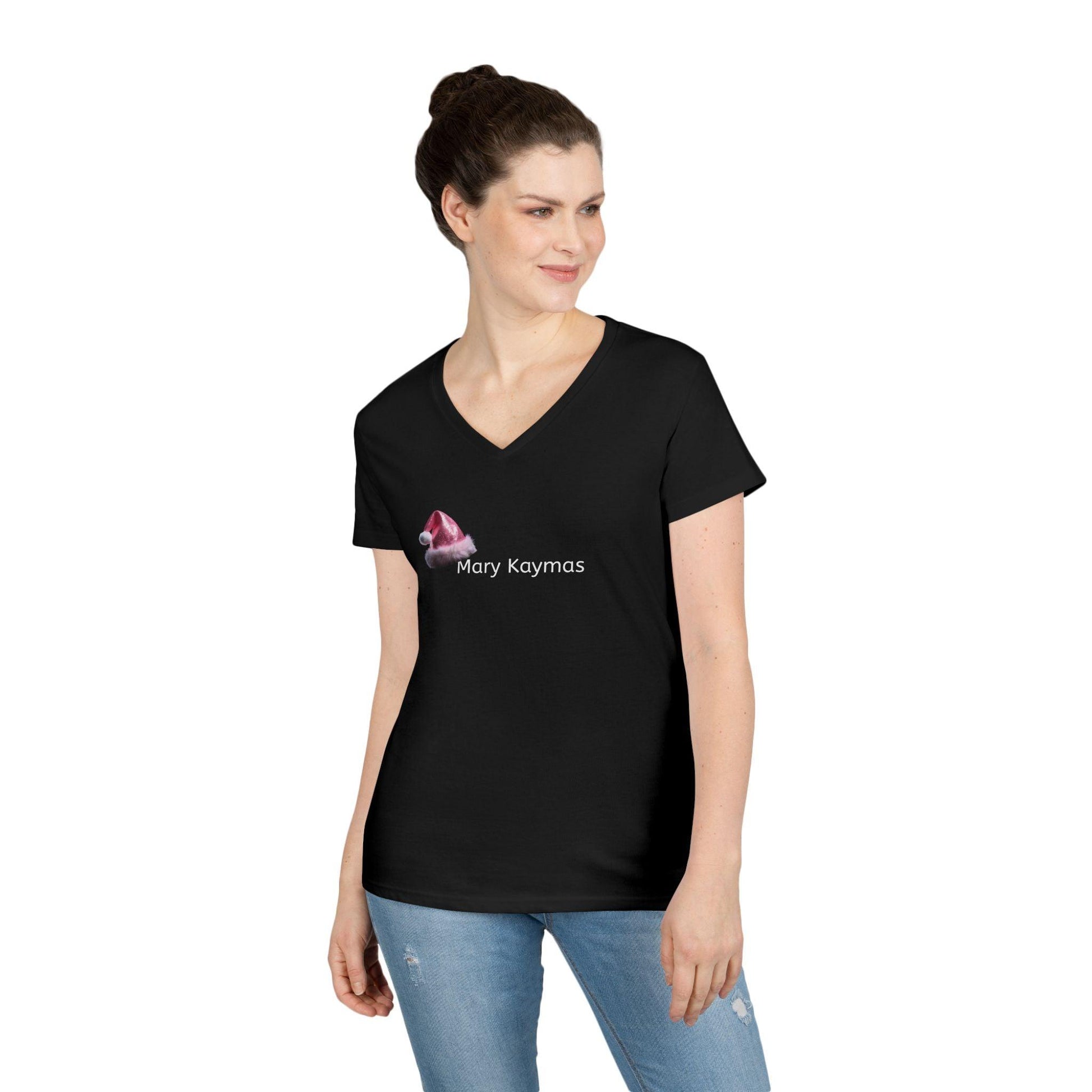 Mary Pink Hat Christmas Ladies' V-Neck T-Shirt Slim Fit - Miniaday Designs, LLC.