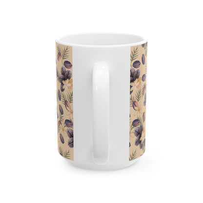 Coffee Beans and Flowers Ceramic Mug, (11oz, 15oz)