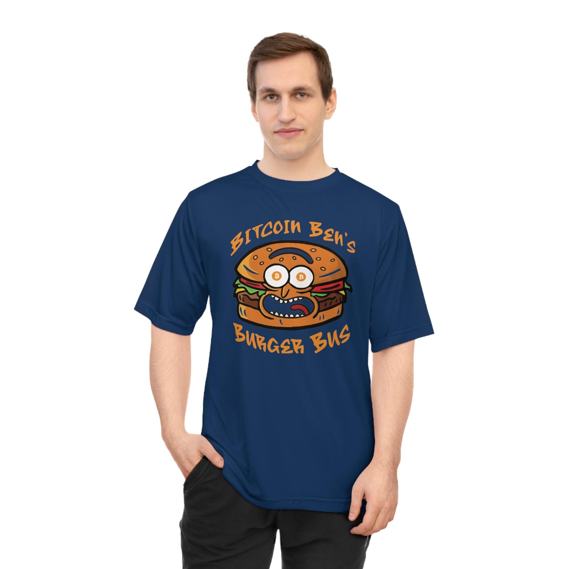 Miniaday Designs Bitcoin Ben Burger Bus Athletic Fit Unisex Zone Performance T-shirt - Miniaday Designs, LLC.