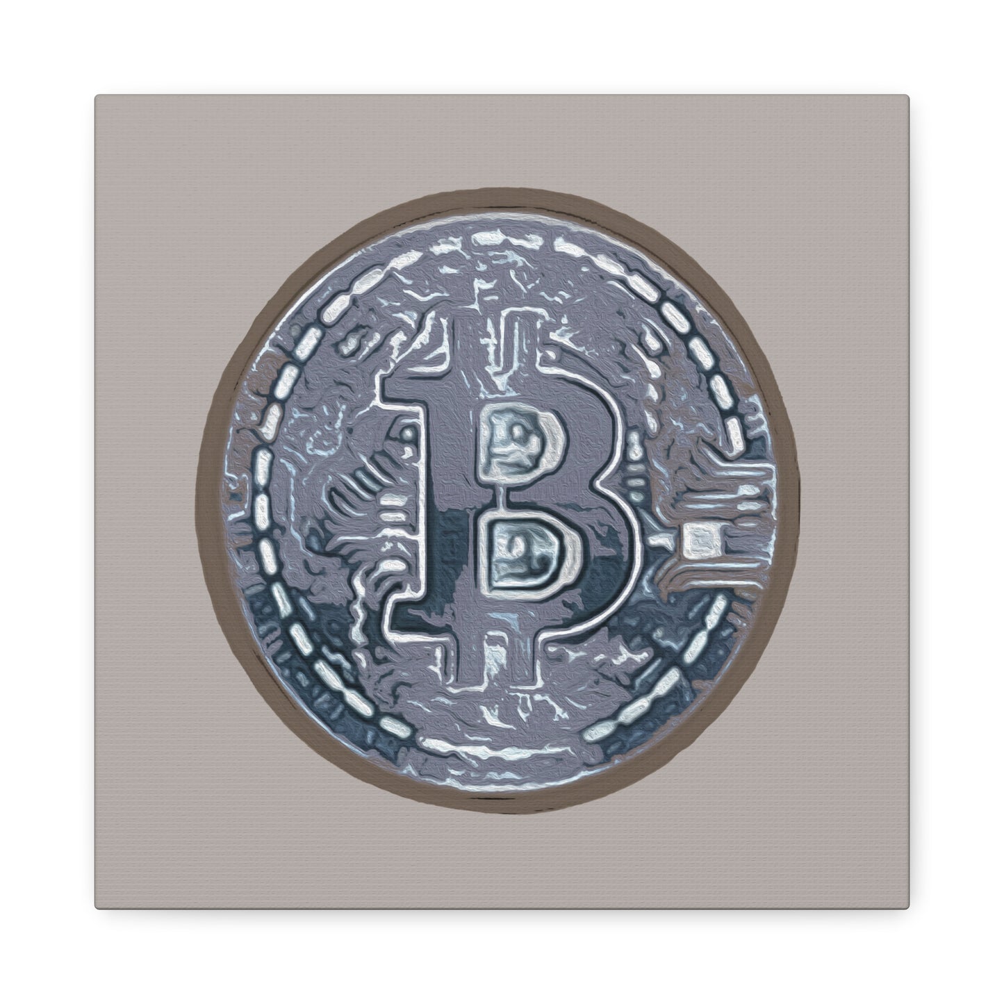 Hand Painted Bitcoin Blue on Brown Matte Canvas, Stretched, 1.25"