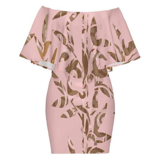 Women's Off Shoulder Shawl Dress (MXLD017) Pink and Brown Bamboo - Miniaday Designs, LLC.