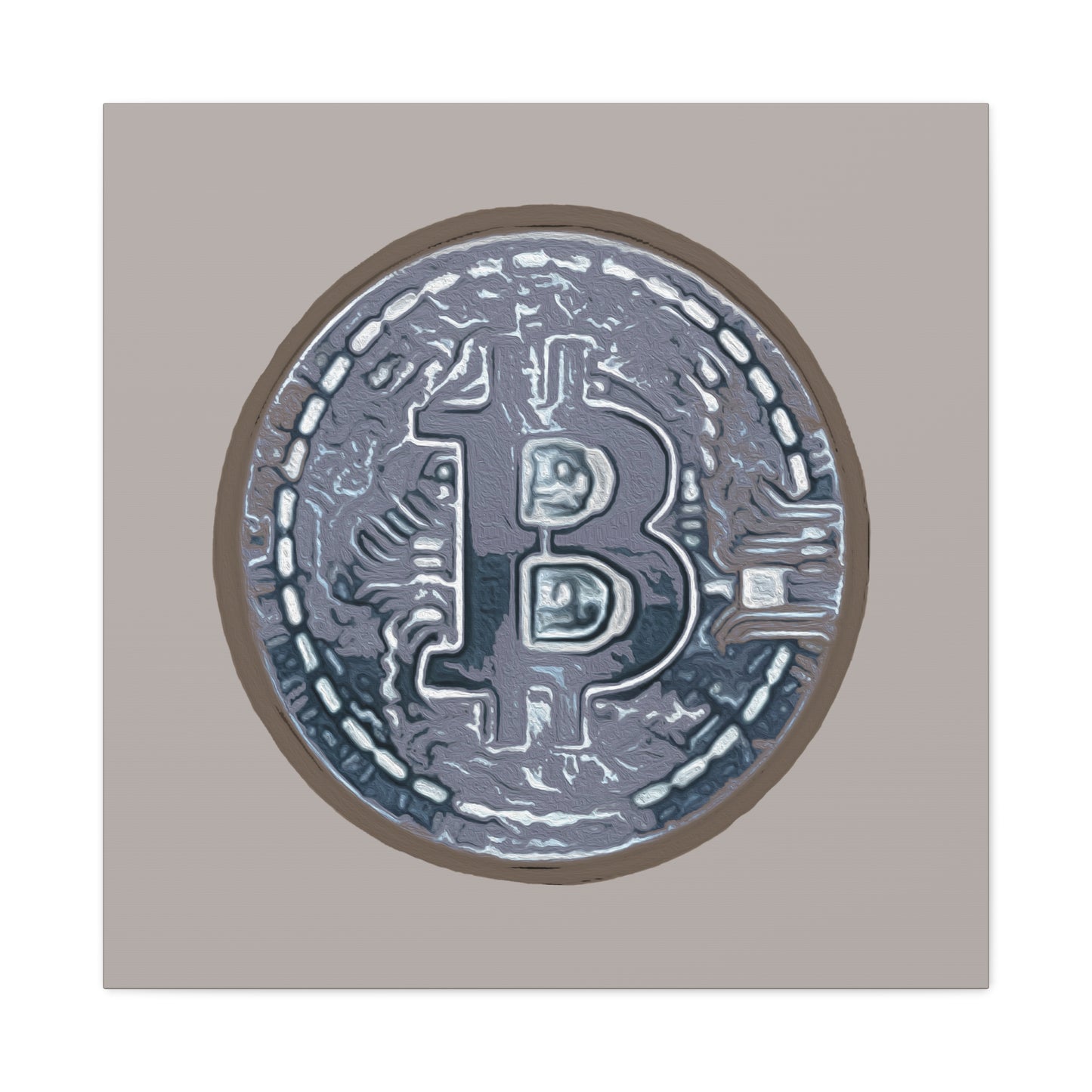 Hand Painted Bitcoin Blue on Brown Matte Canvas, Stretched, 1.25"