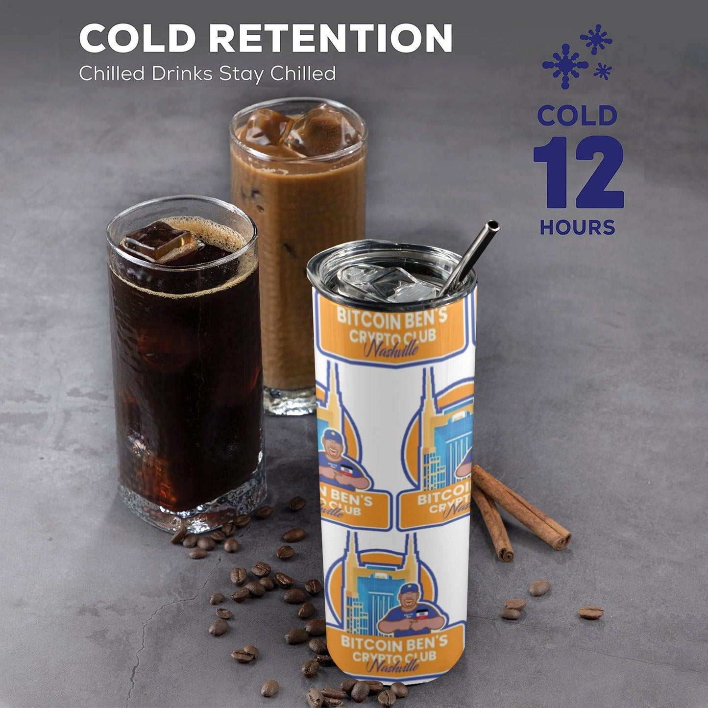 Miniaday Designs Bitcoin Ben Nashville Club Water Bottle 20oz Tall Skinny Tumbler with Lid and Straw - Miniaday Designs, LLC.