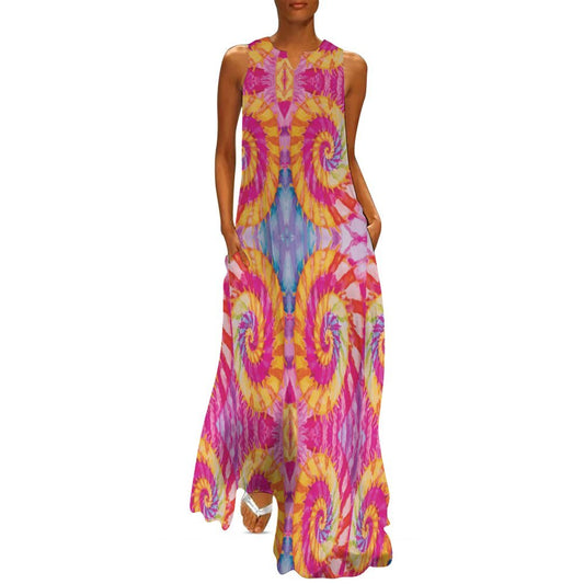 Miniaday Designs Tie Dye Sleeveless Long Dress (GQ) Pink