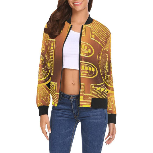 Miniaday Designs Bitcoin Bomber Jacket for Women (Model H19) - Miniaday Designs, LLC.
