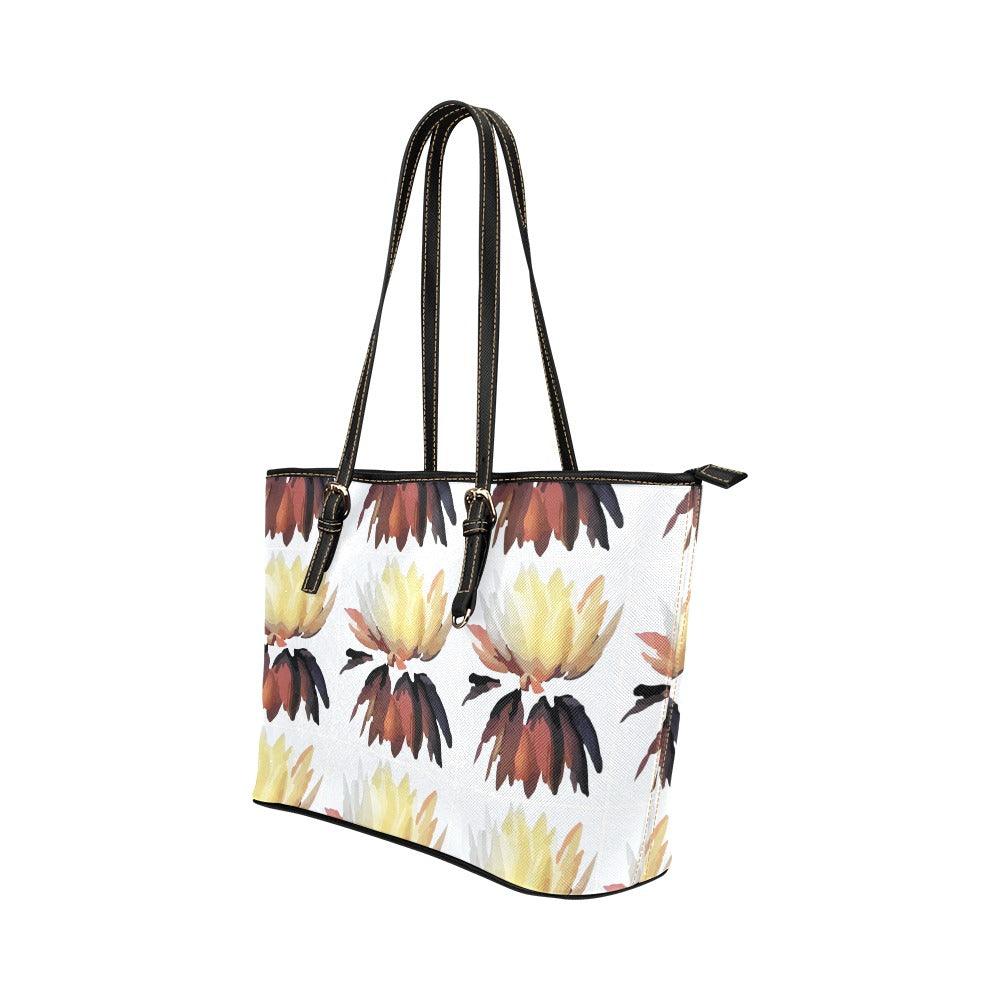 Brown Lotus Blossom Leather Tote Bag/Small (Model 1651) - Miniaday Designs, LLC.