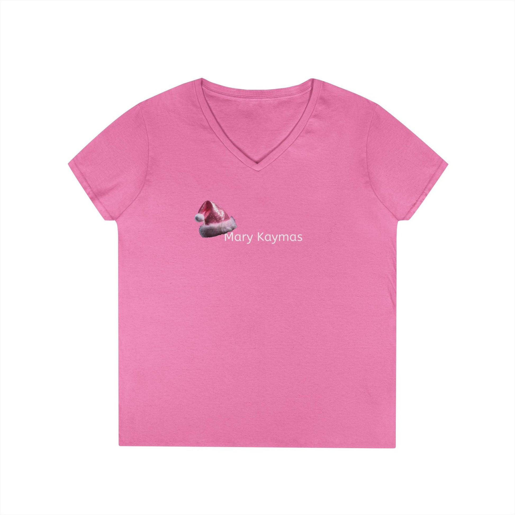 Mary Pink Hat Christmas Ladies' V-Neck T-Shirt Slim Fit - Miniaday Designs, LLC.