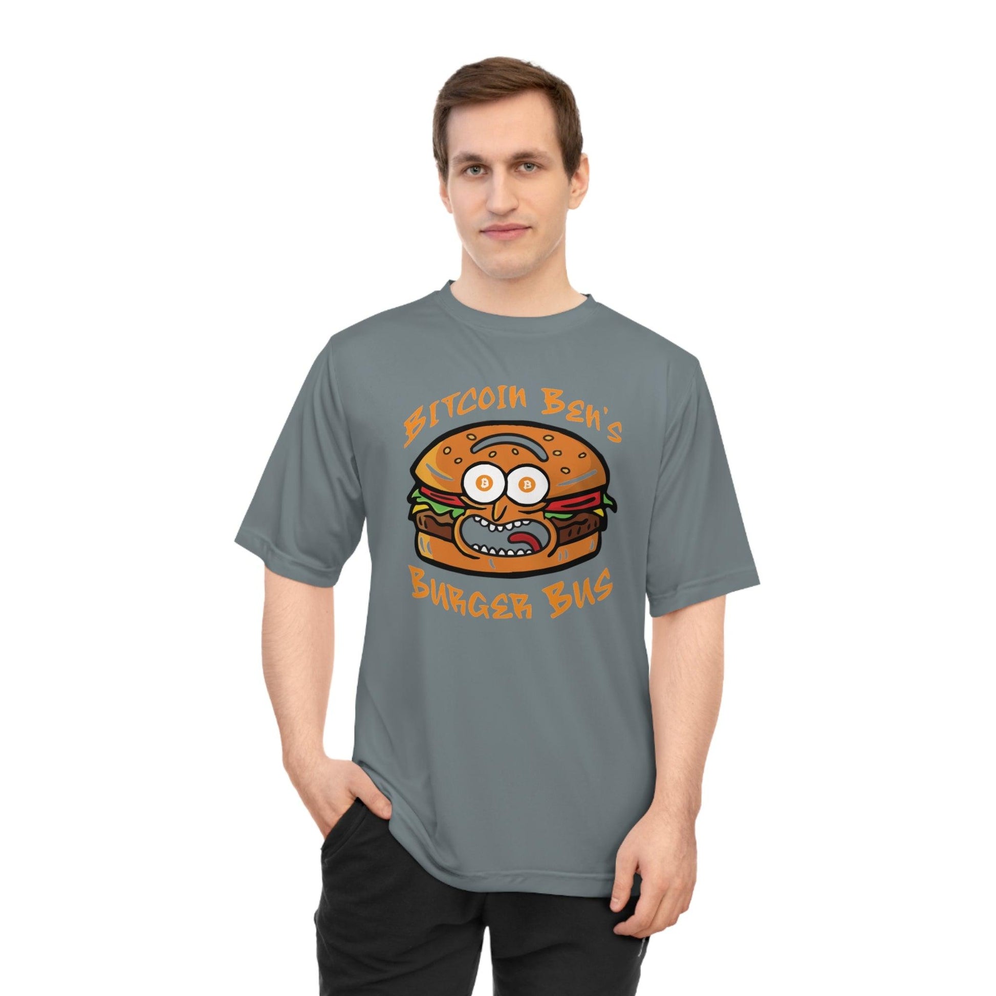 Miniaday Designs Bitcoin Ben Burger Bus Athletic Fit Unisex Zone Performance T-shirt - Miniaday Designs, LLC.