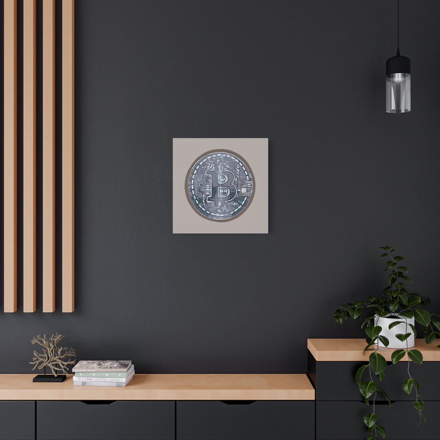 Hand Painted Bitcoin Blue on Brown Matte Canvas, Stretched, 1.25"