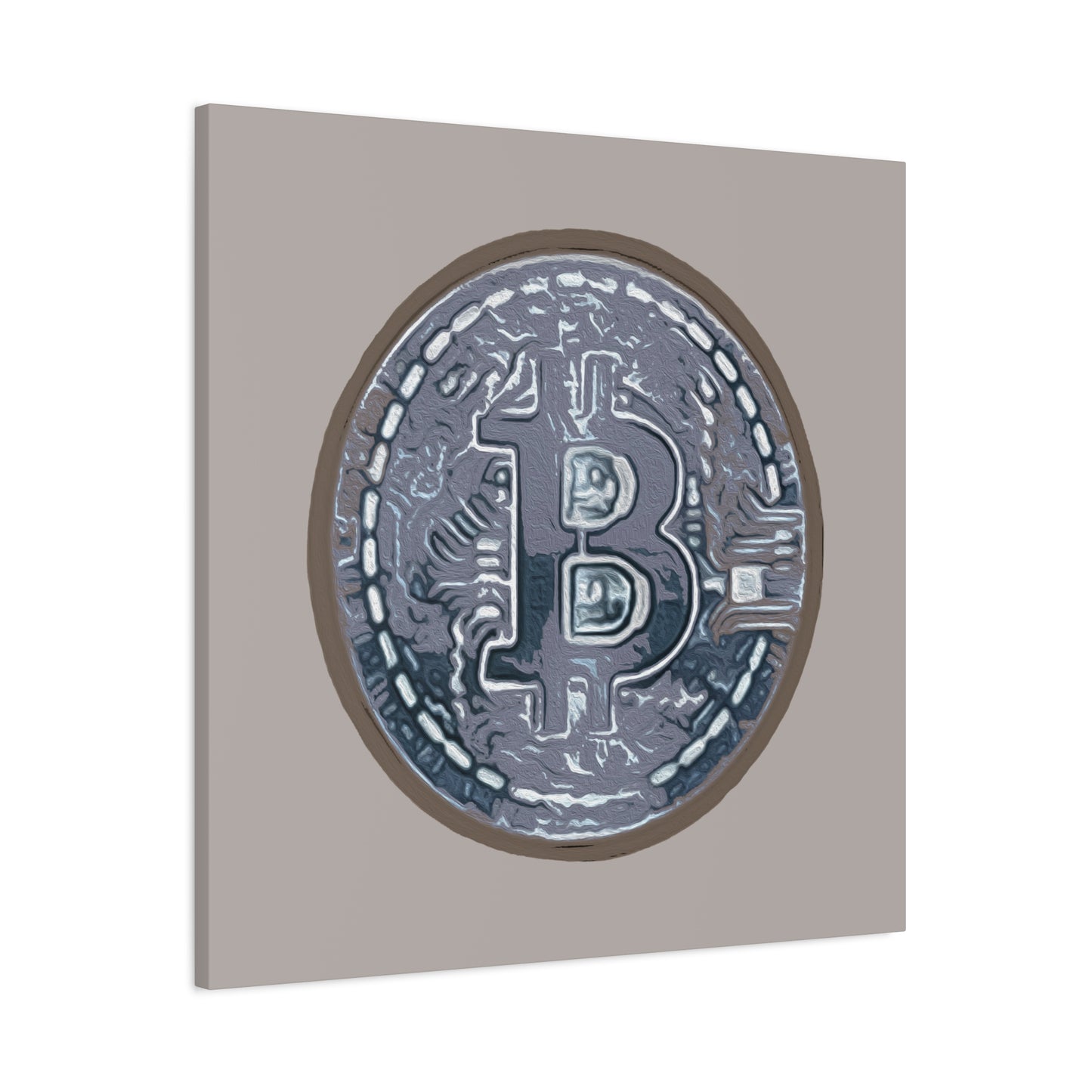 Hand Painted Bitcoin Blue on Brown Matte Canvas, Stretched, 1.25"
