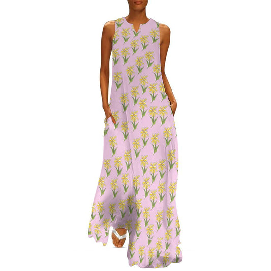 Miniaday Designs Sleeveless Daisies Long Dress (GQ) Pink