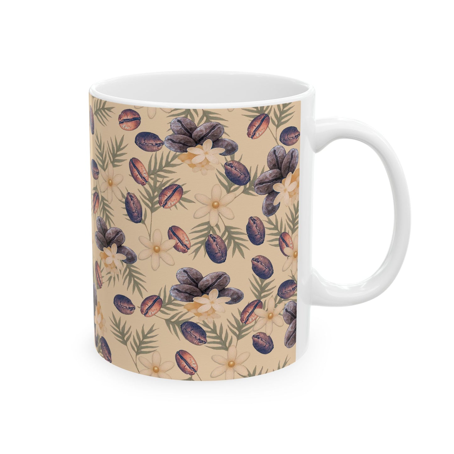 Coffee Beans and Flowers Ceramic Mug, (11oz, 15oz)