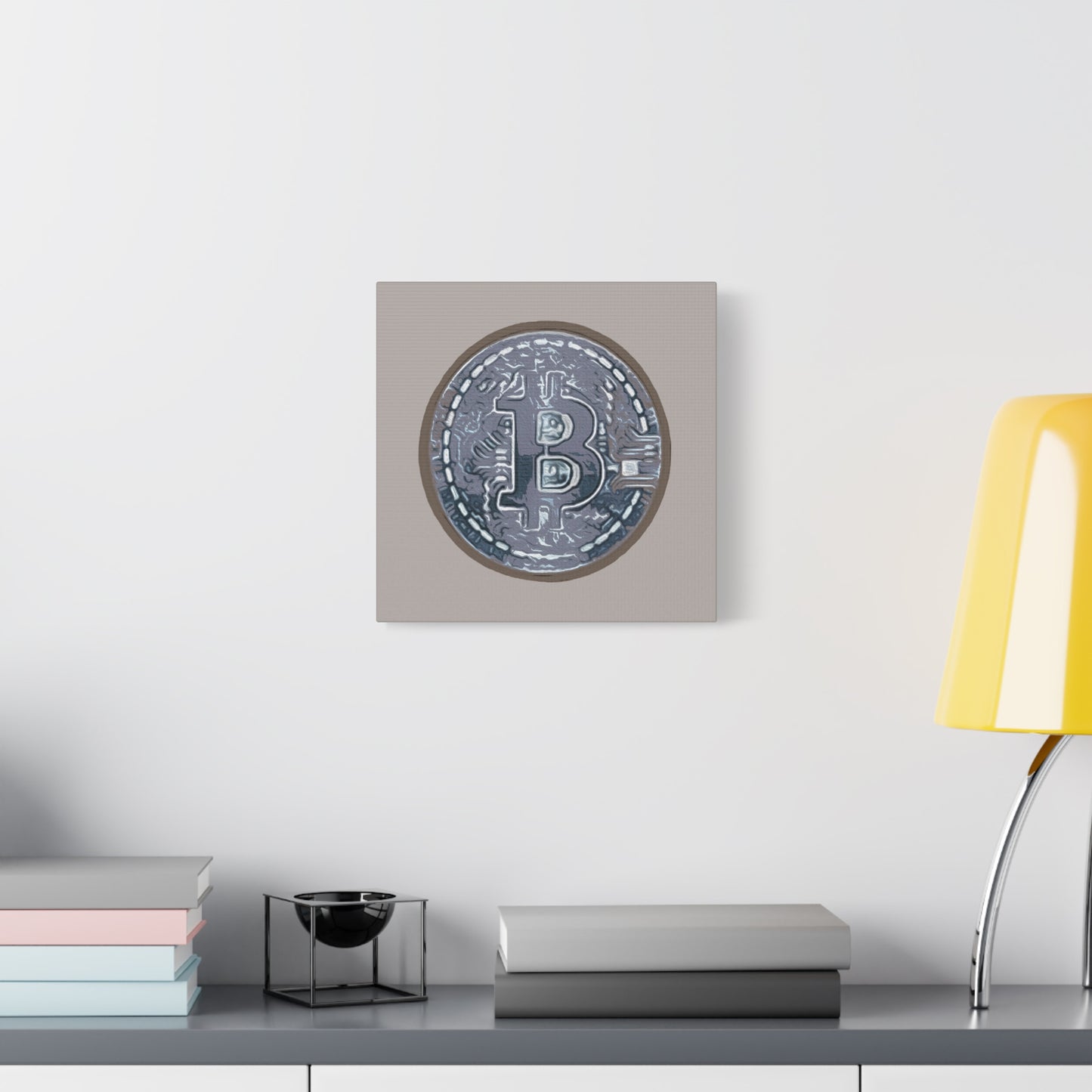 Hand Painted Bitcoin Blue on Brown Matte Canvas, Stretched, 1.25"