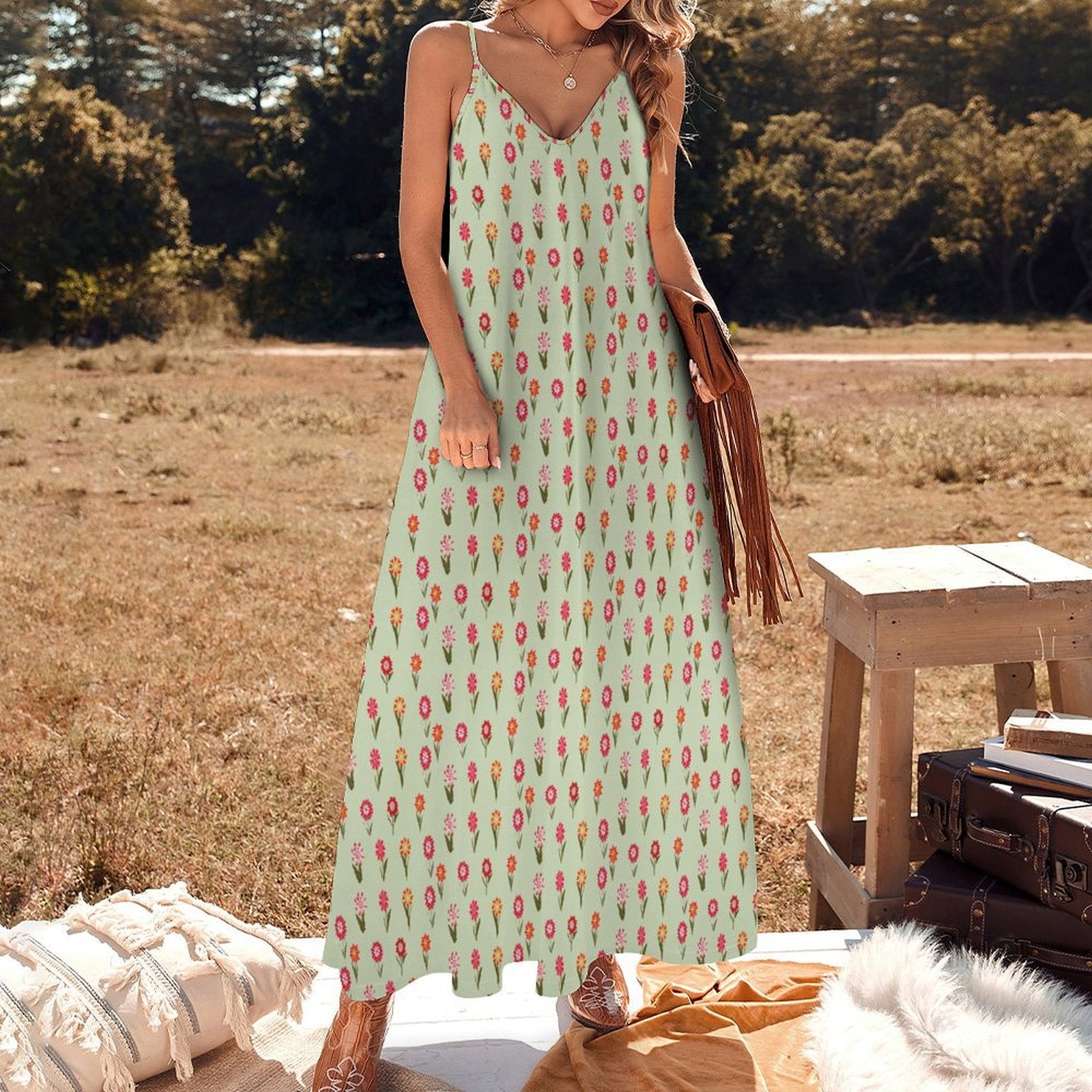 Miniaday Designs Desert Blossom Serenade" Spaghetti Strap Ankle-Length Dress Long Dress Pale Green - Miniaday Designs, LLC.