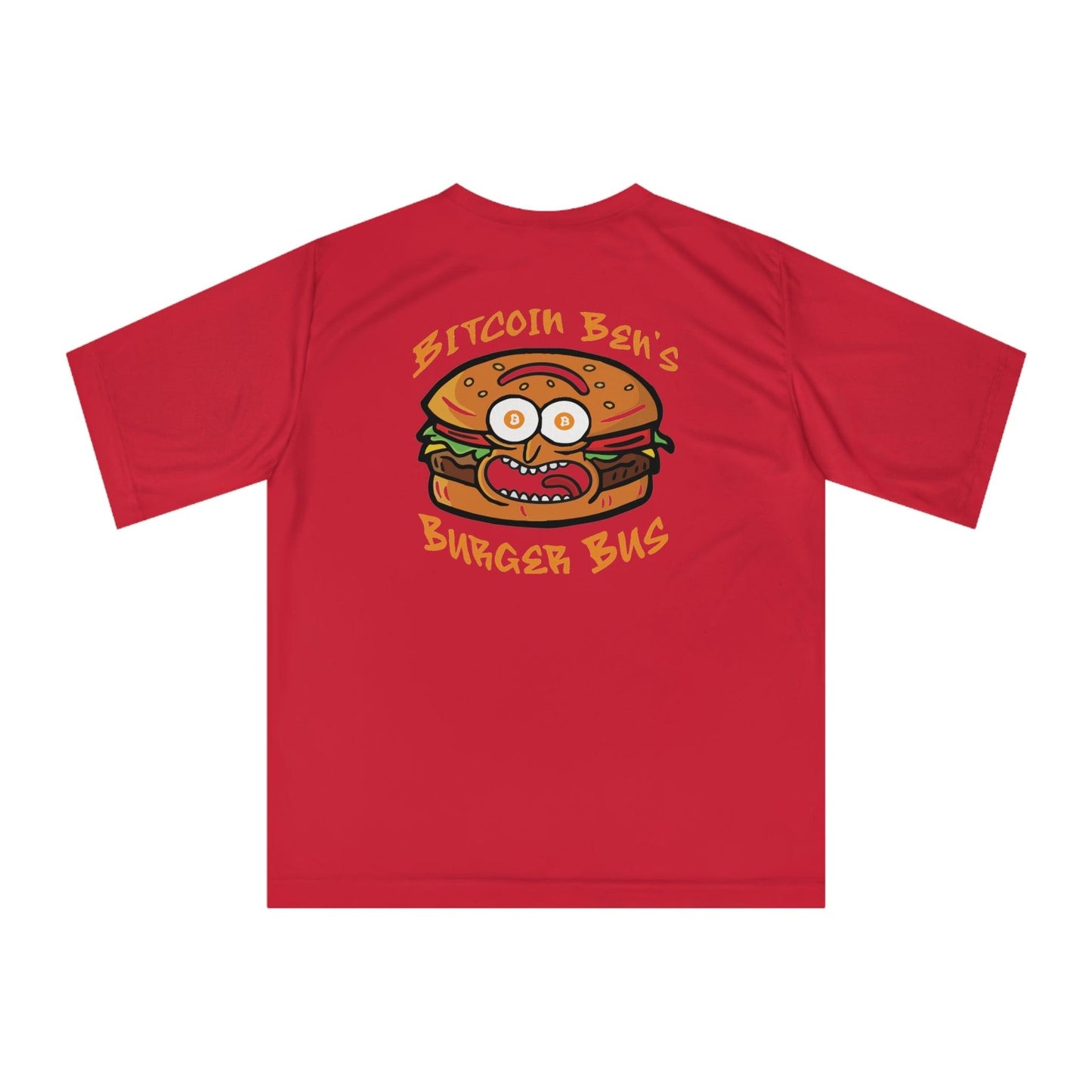 Miniaday Designs Bitcoin Ben Burger Bus Athletic Fit Unisex Zone Performance T-shirt - Miniaday Designs, LLC.