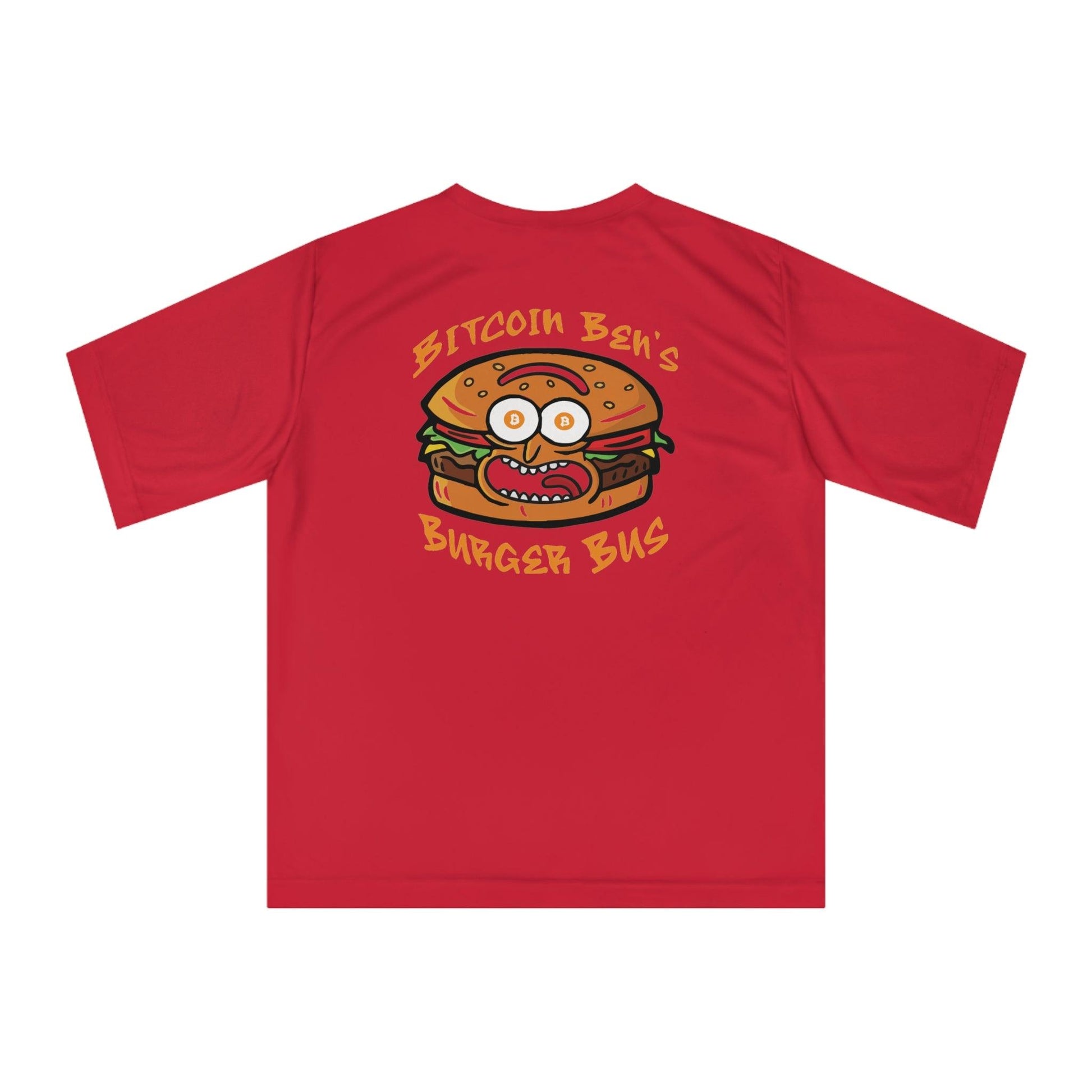 Miniaday Designs Bitcoin Ben Burger Bus Athletic Fit Unisex Zone Performance T-shirt - Miniaday Designs, LLC.