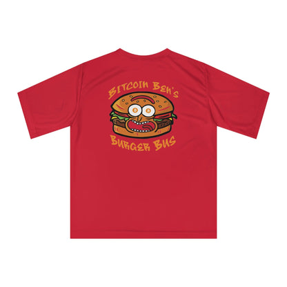 Miniaday Designs Bitcoin Ben Burger Bus Athletic Fit Unisex Zone Performance T-shirt - Miniaday Designs, LLC.