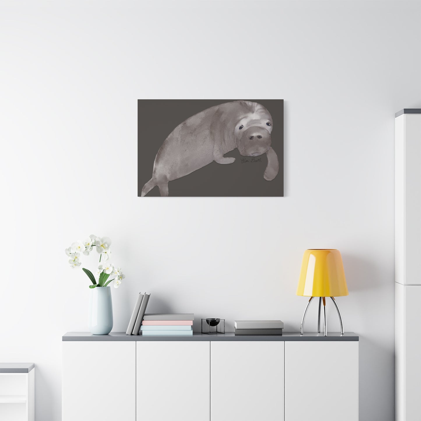 Sweet Hand Painted Manatee Signed Matte Canvas, Stretched, 1.25"