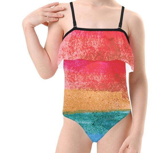 Daphne's Surprise Rainbow One Piece Kids' Spaghetti Strap Ruffle Swimsuit (Model S26)