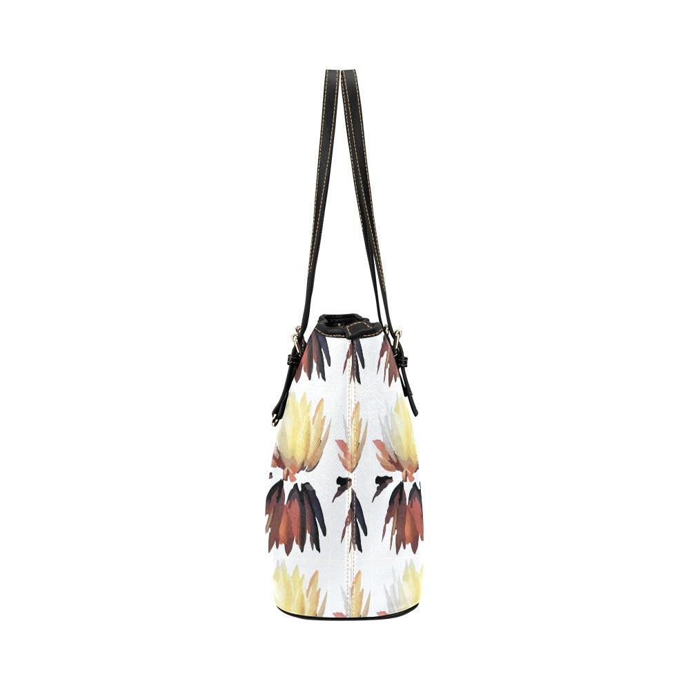 Brown Lotus Blossom Leather Tote Bag/Small (Model 1651) - Miniaday Designs, LLC.