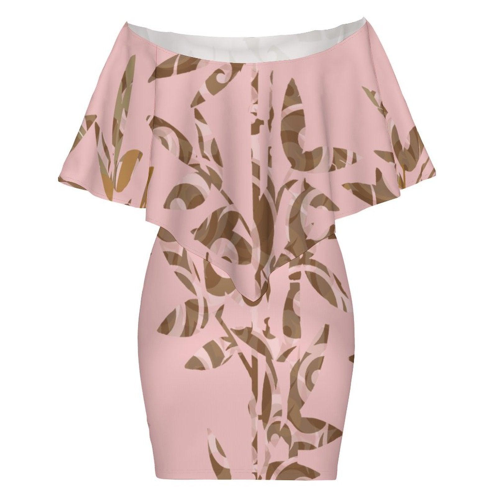 Women's Off Shoulder Shawl Dress (MXLD017) Pink and Brown Bamboo - Miniaday Designs, LLC.