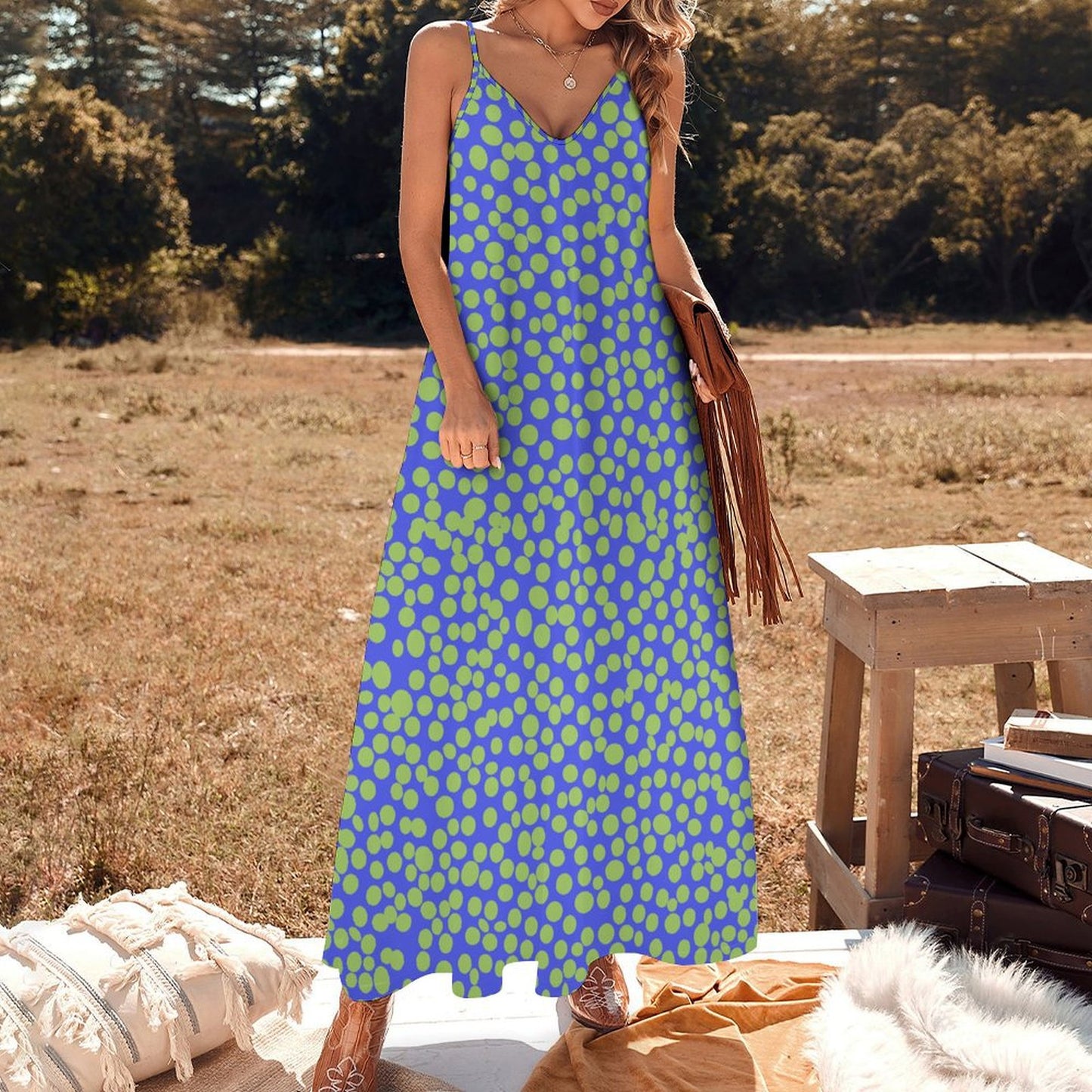 Mniaday Designs Retro Bloom Colleciton  Spaghetti Strap Ankle-Length Dress Long Dress Blue