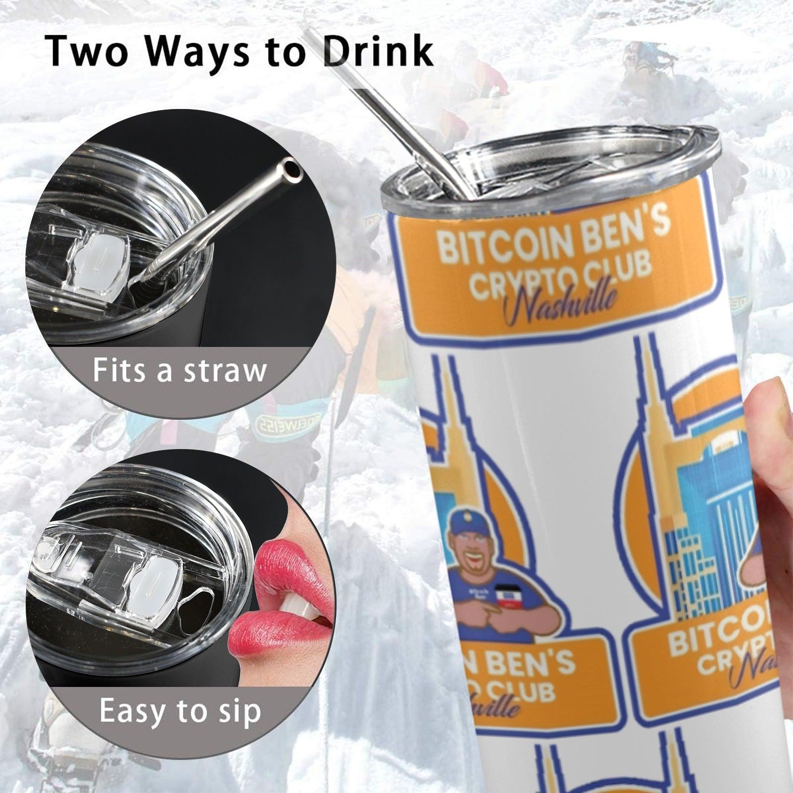 Miniaday Designs Bitcoin Ben Nashville Club Water Bottle 20oz Tall Skinny Tumbler with Lid and Straw - Miniaday Designs, LLC.