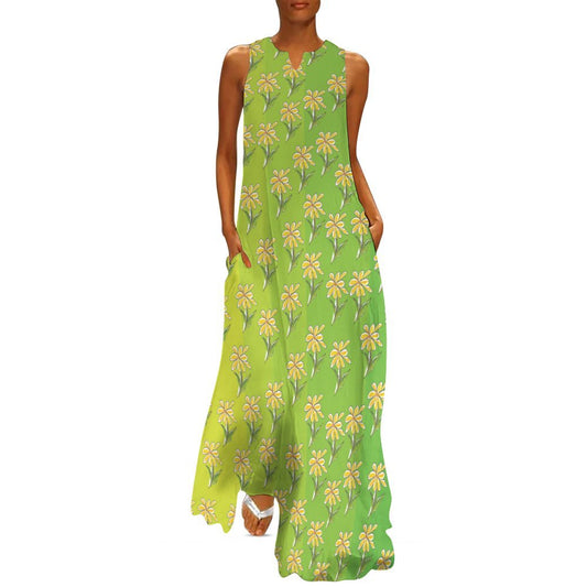 Miniaday Designs Sunny Daisy Delight Sleeveless Long Dress (GQ) Green