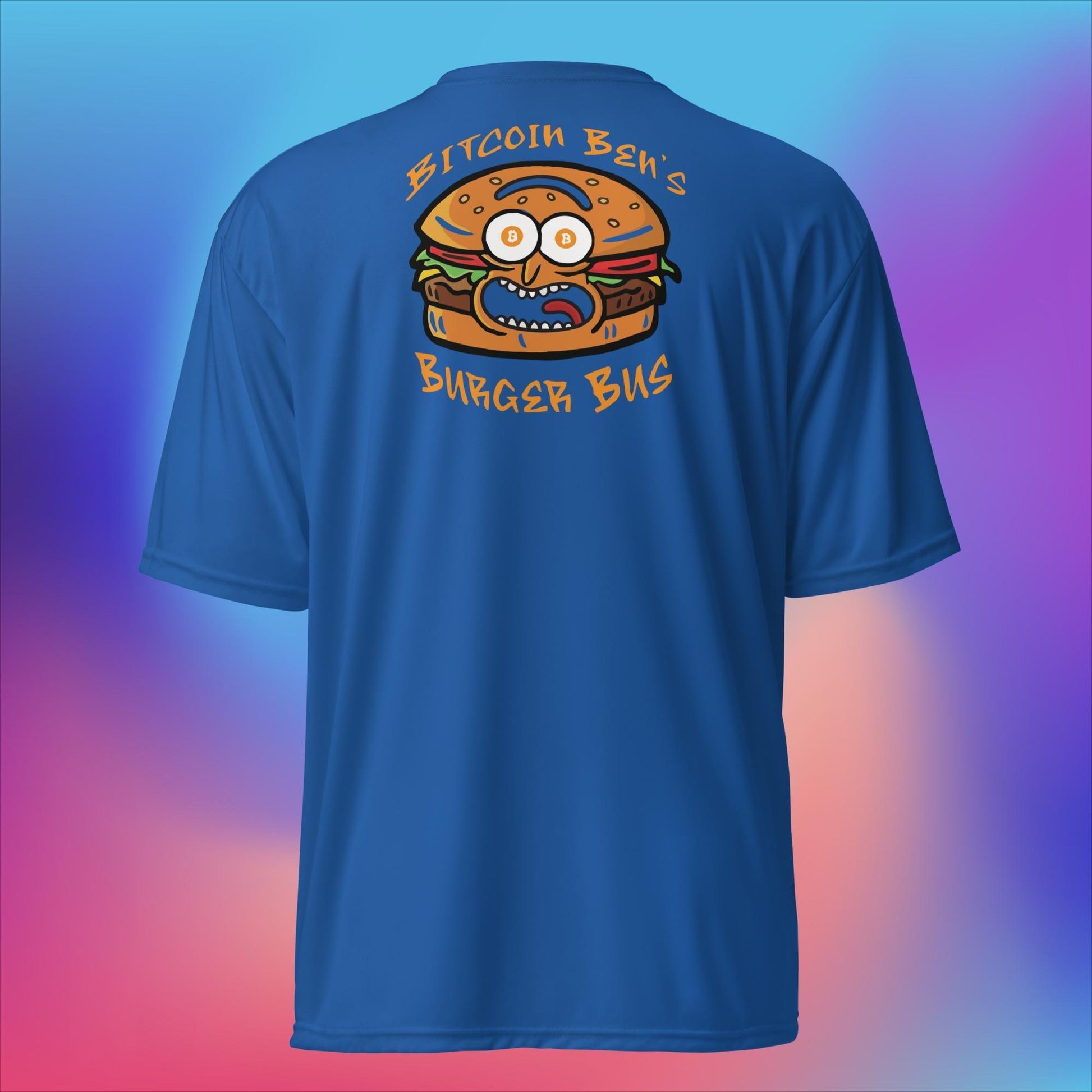 Miniaday Designs Bitcoin Ben Crypto Club Burger Bus LOGO Unisex Performance Crew Neck T-Shirt - Miniaday Designs, LLC.