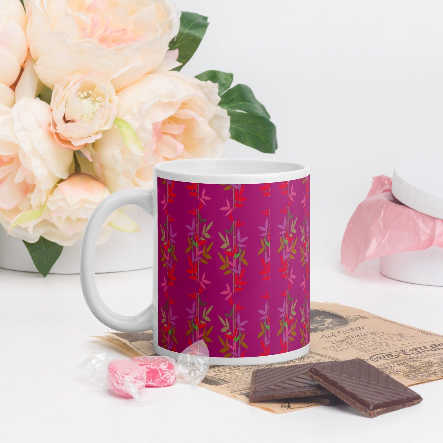 Cheerful Bamboo White Glossy Mug Signed FREE SHIPPING FOR BULK ORDERS AVAILABLE - Miniaday Designs, LLC.