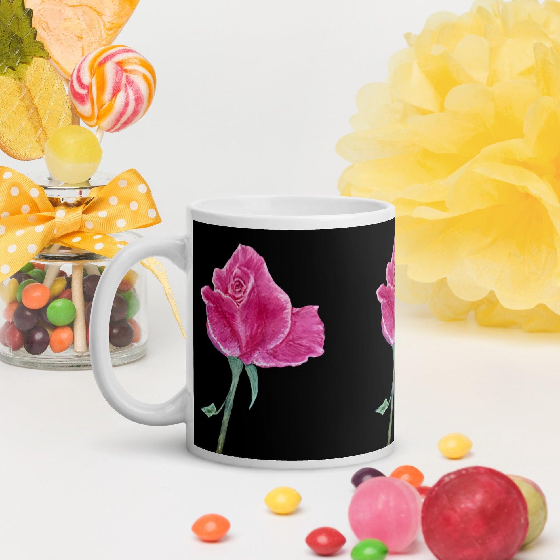 Hand painted Pink Rose on Black Signed White Mug FREE SHIPPING for BULK ORDERS - Miniaday Designs, LLC.