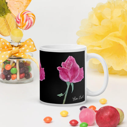 Hand painted Pink Rose on Black Signed White Mug FREE SHIPPING for BULK ORDERS - Miniaday Designs, LLC.