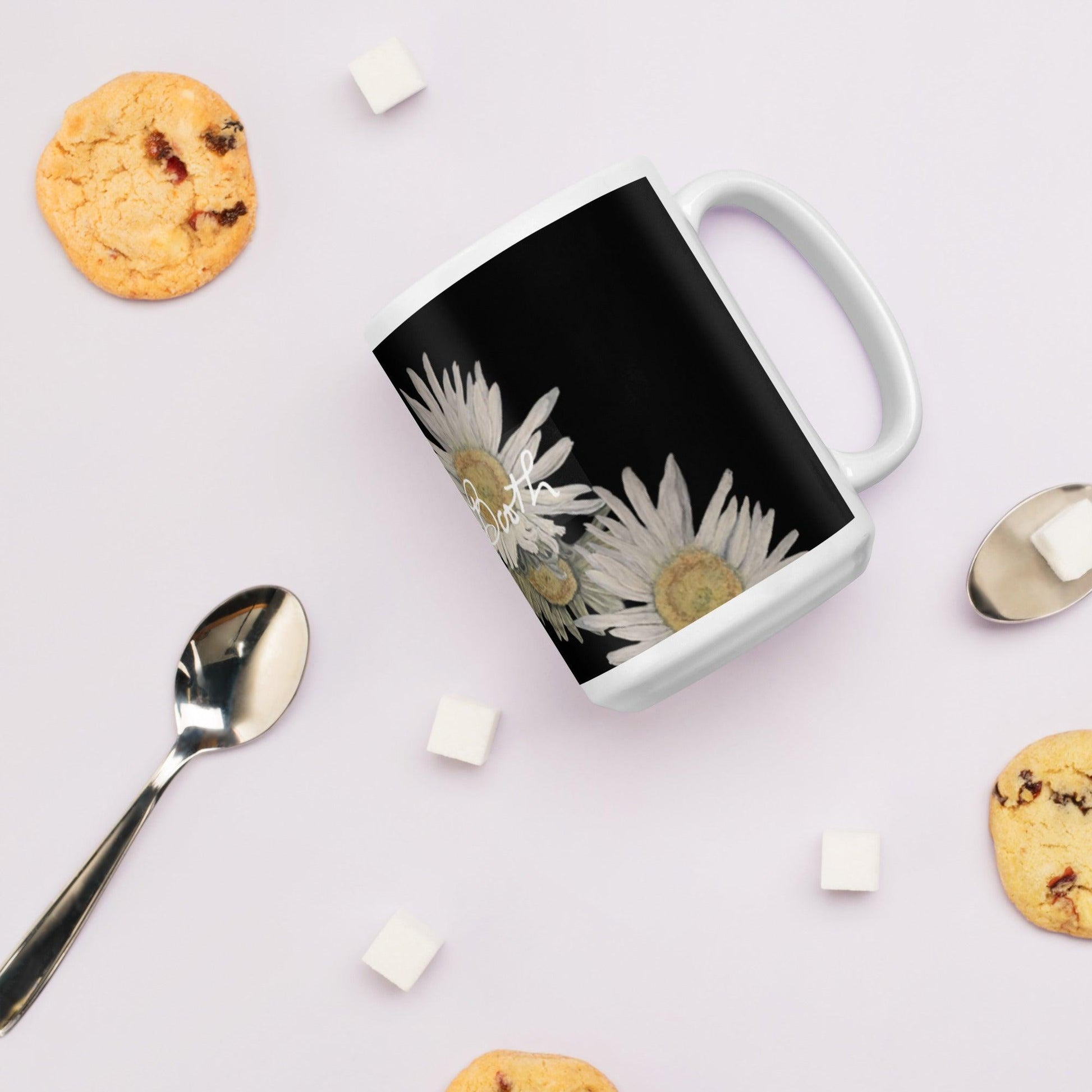 Daisy Reflection on Black White Mug Signed FREE SHIPPING for BULK ORDERS - Miniaday Designs, LLC.
