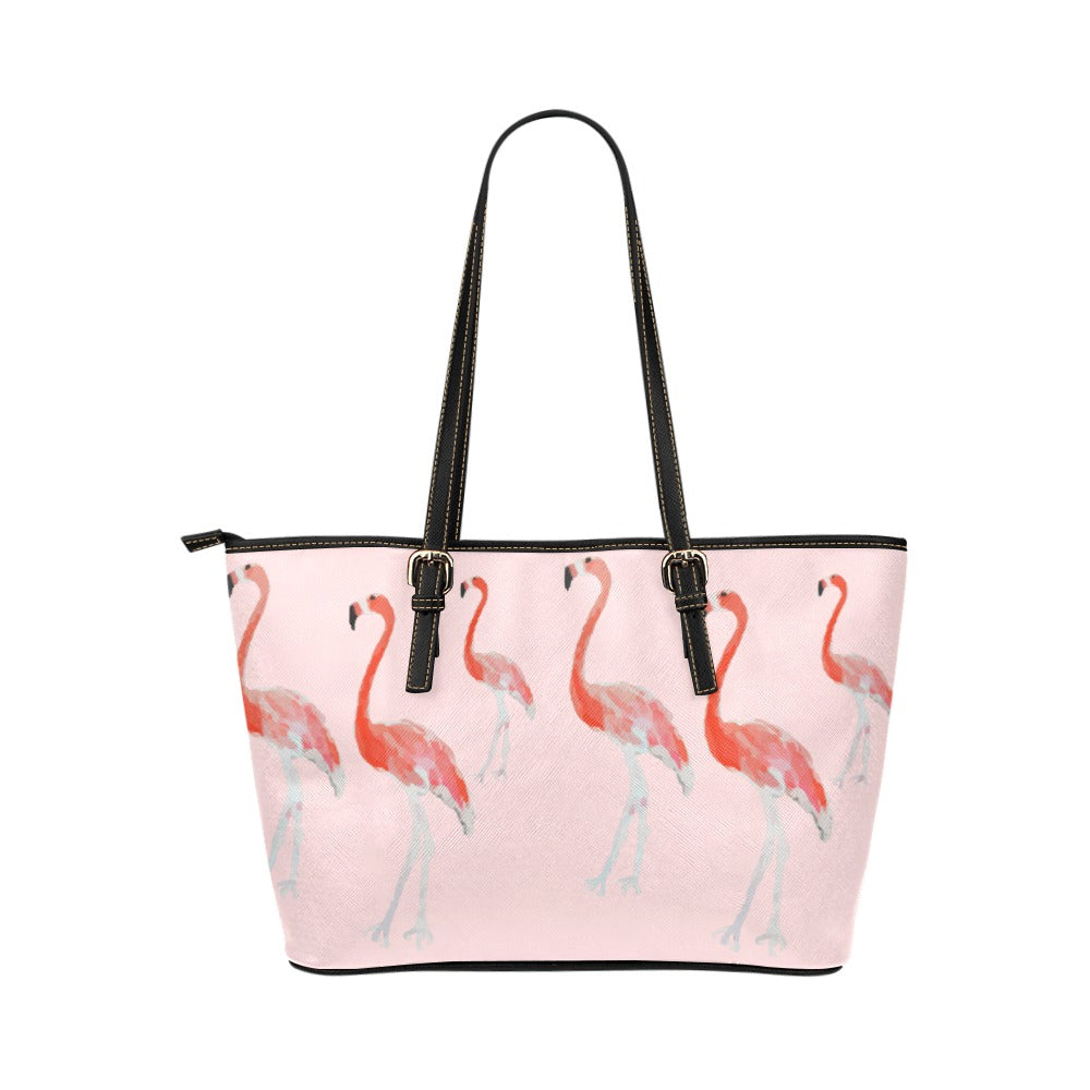Bolso tote pequeño con flamenco gris y rosa sobre melocotón @ Bolso tote de cuero 3x/Pequeño (Modelo 1651)