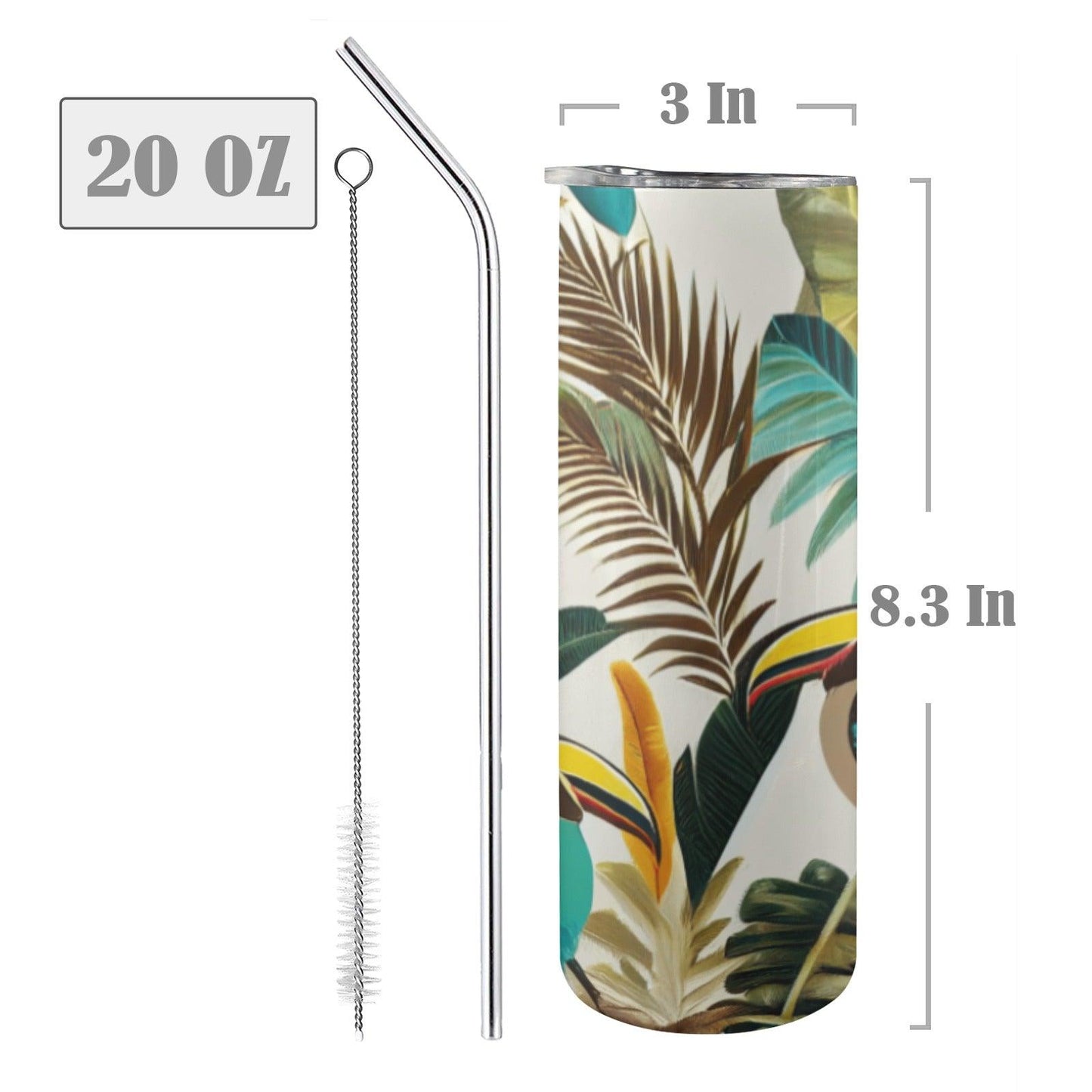 Toucan Water Bottle with Straw 20oz Tall Skinny Tumbler with Lid and Straw - Miniaday Designs, LLC.