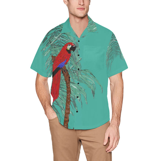 Miniaday Designs Red Parrot on Green Hawaiian Shirt with Chest Pocket