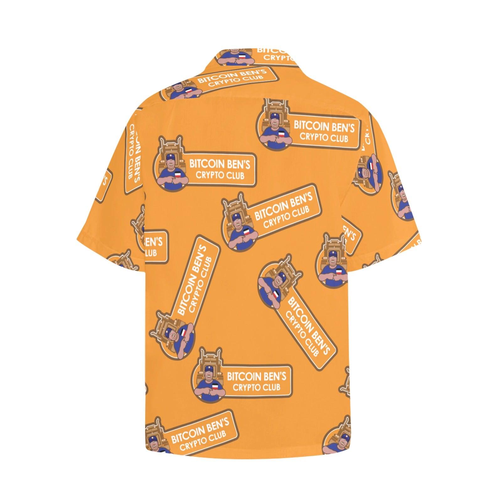 Miniaday Designs Bitcoin Ben Larger Crypto Club on Orange Hawaiian Shirt with Chest Pocket - Miniaday Designs, LLC.