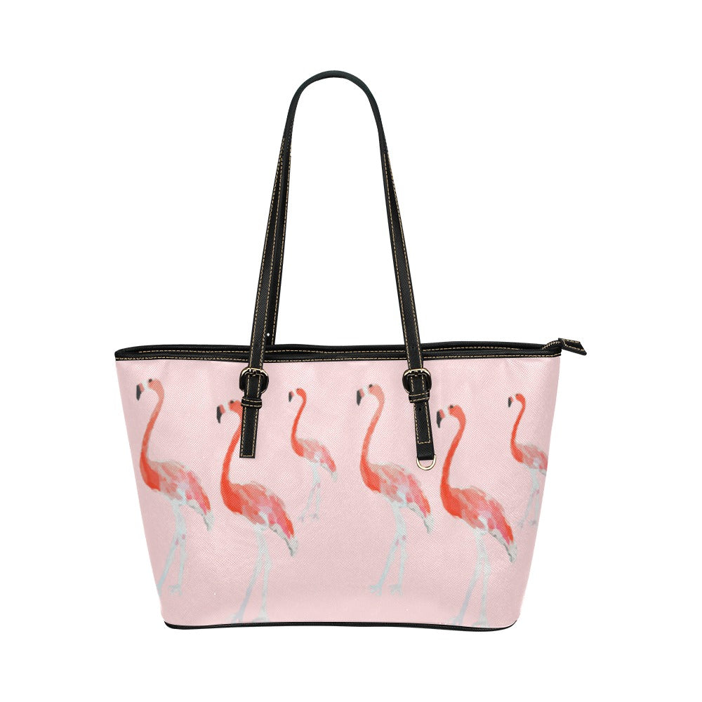 Bolso tote pequeño con flamenco gris y rosa sobre melocotón @ Bolso tote de cuero 3x/Pequeño (Modelo 1651)